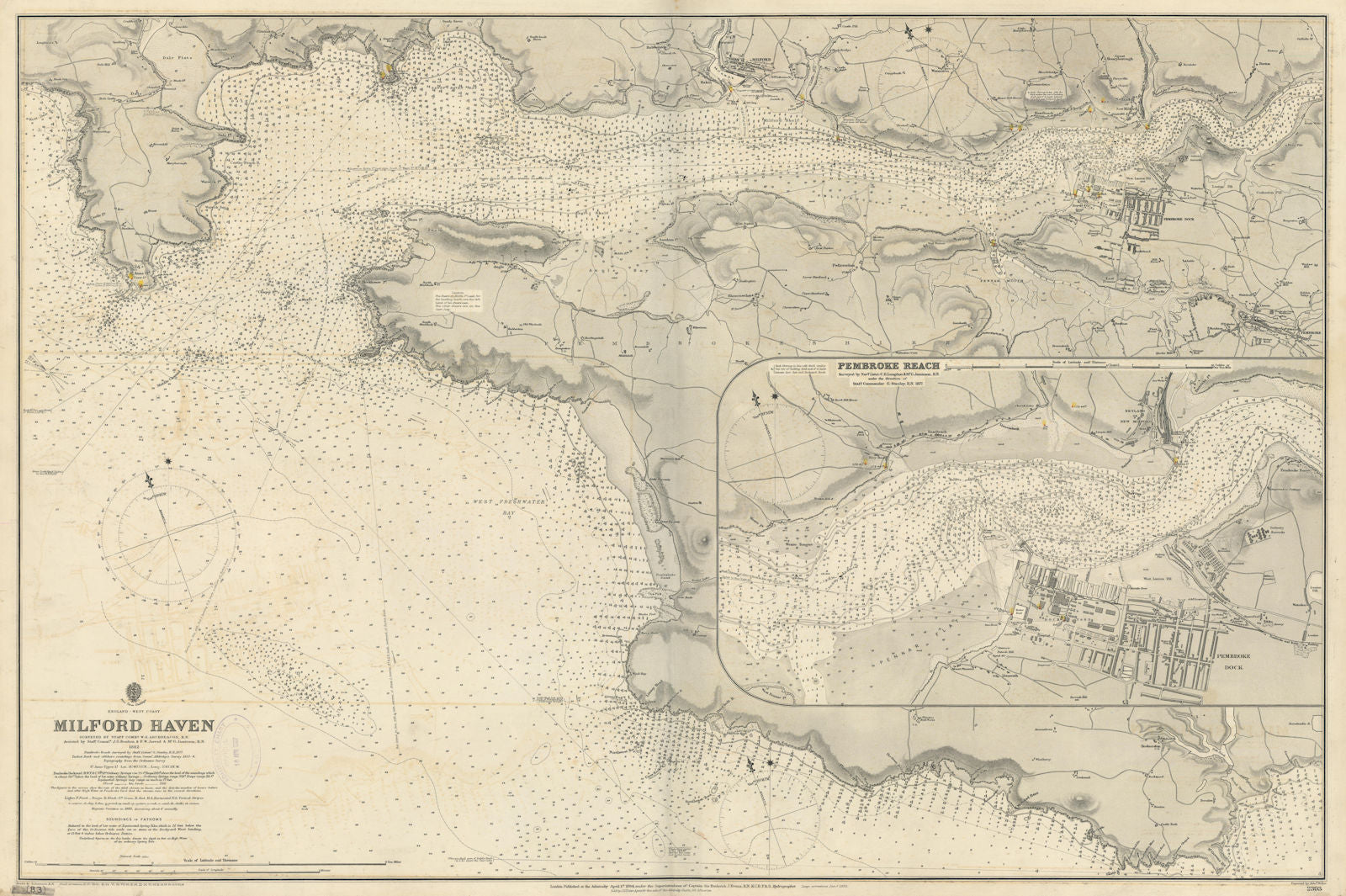 Milford Haven Pembroke Reach Pembrokeshire Wales ADMIRALTY chart 1884 (1906) map
